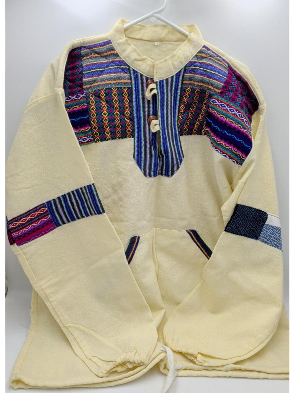 Men's Kurta Top Cream Patchwork Cotton Drawstring Bottom Pockets SZ 46 *SEE PICS
